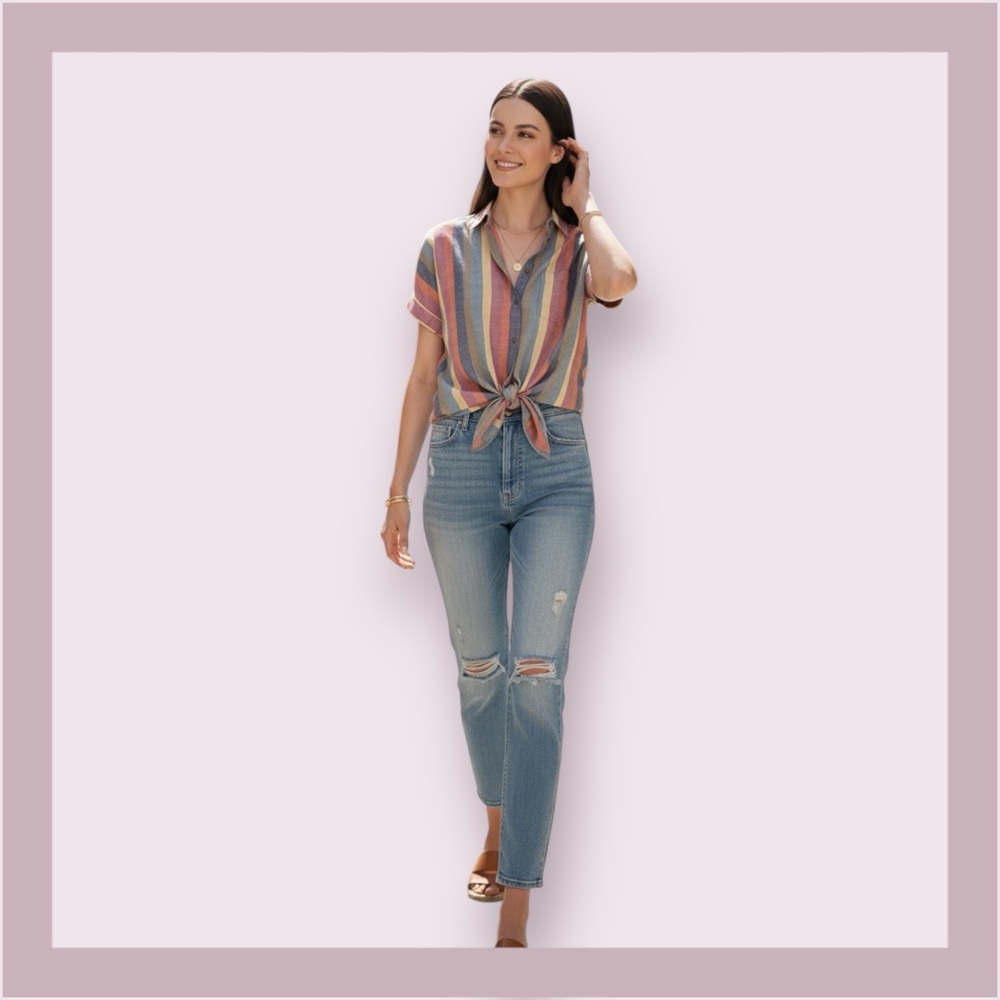 Madewell Peacock Meadow Green Short Sleeve Tie Front Shirt